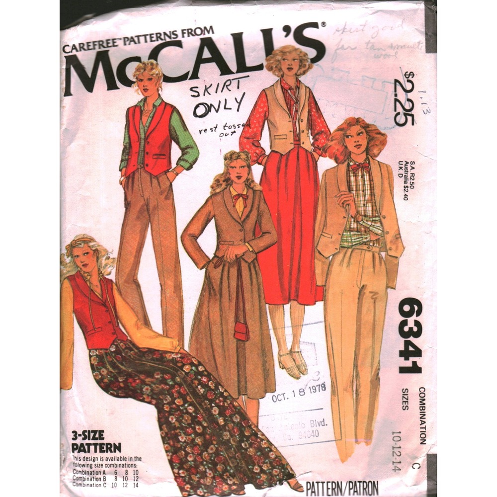 Vintage 1978 McCalls 6341 Skirt Only Pattern Sizes 10 12 14 Retro 70s Fashion